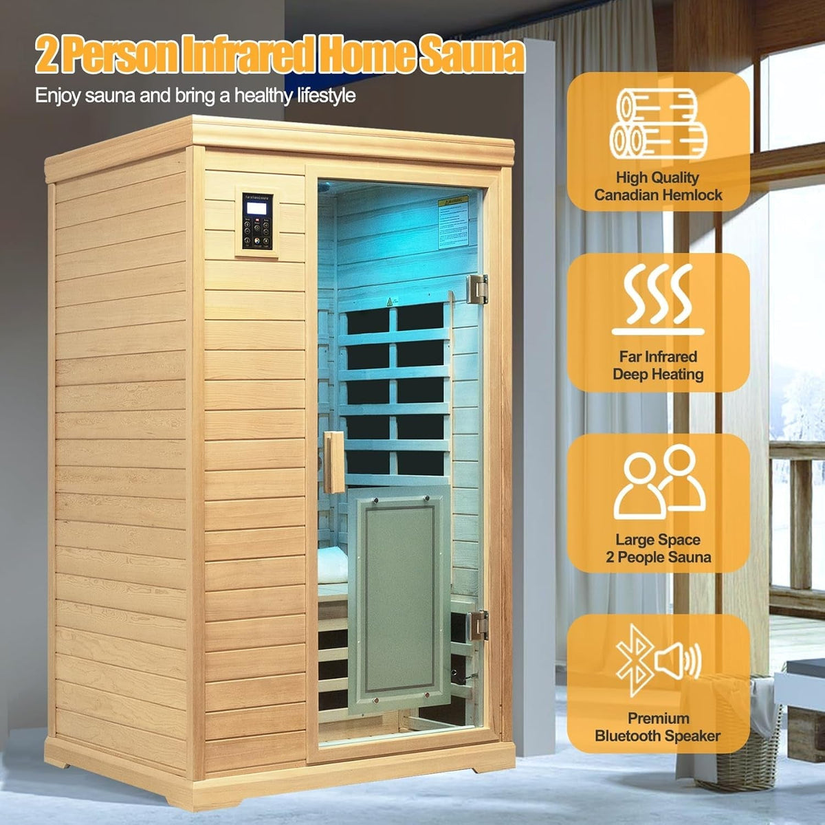 2-Person Low EMF Indoor Infrared Sauna, Canadian Hemlock, 9 Heaters, Bluetooth Speakers, LED Reading Lamp, 1750W