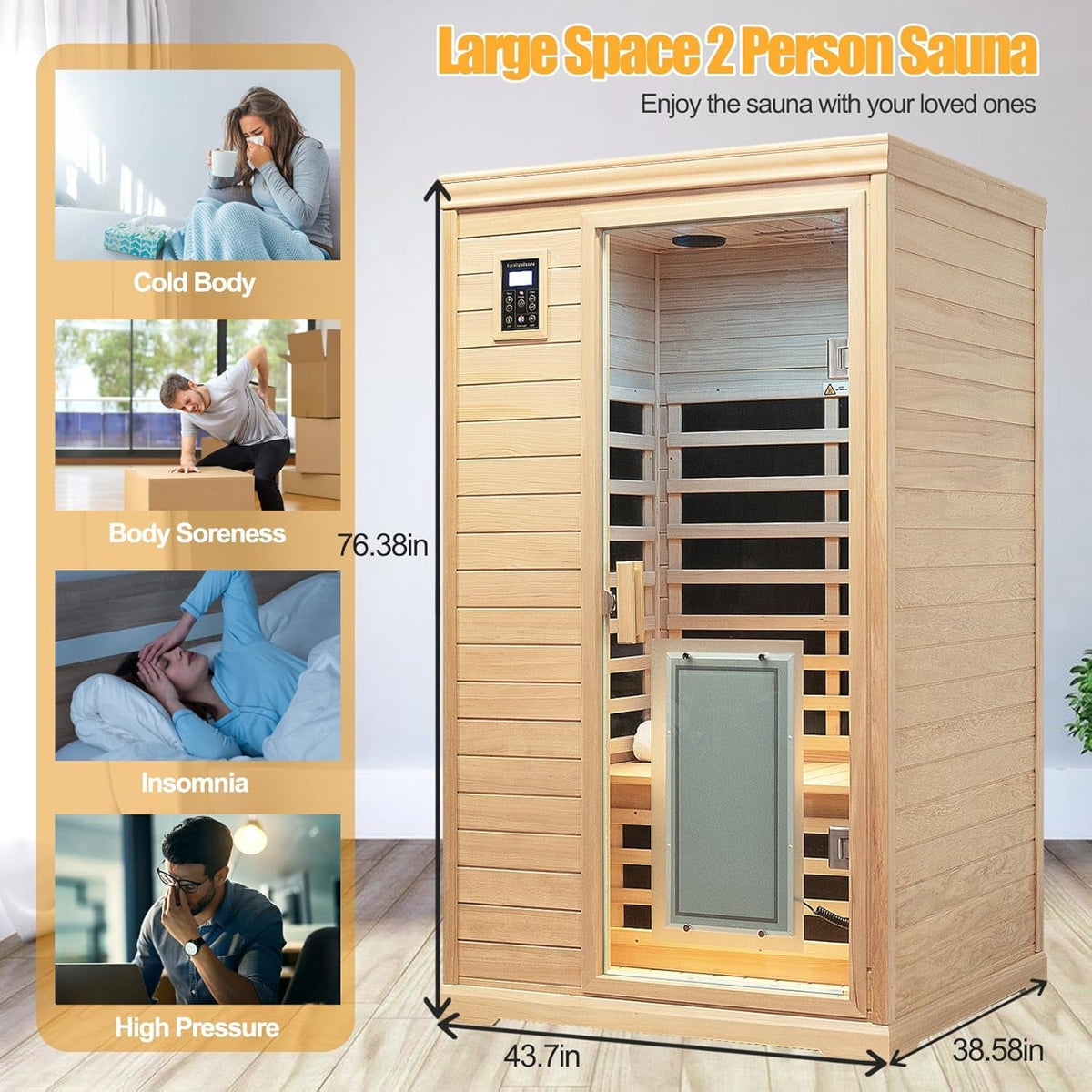 2-Person Low EMF Indoor Infrared Sauna, Canadian Hemlock, 9 Heaters, Bluetooth Speakers, LED Reading Lamp, 1750W
