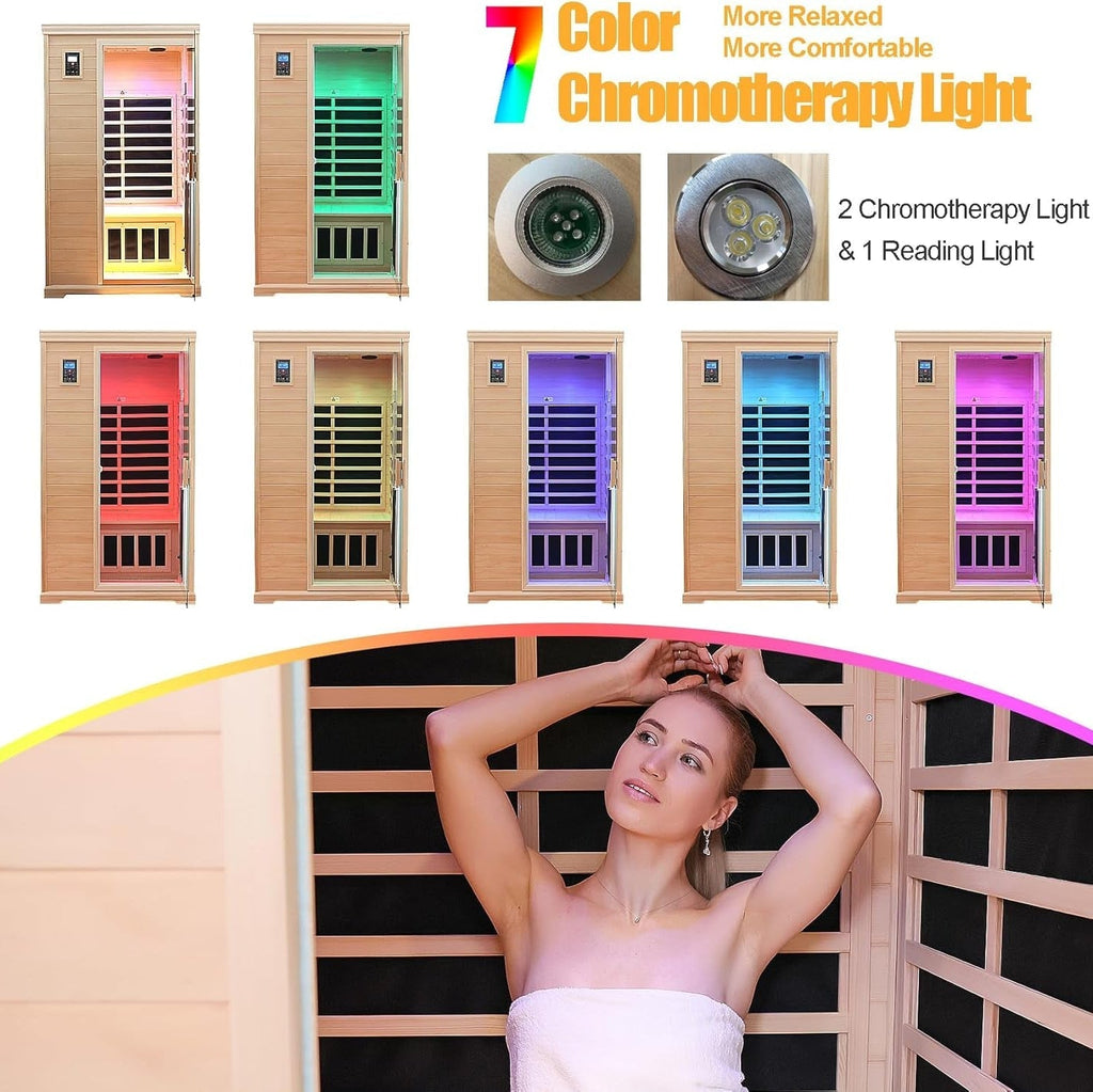 2-Person Low EMF Indoor Infrared Sauna, Canadian Hemlock, 9 Heaters, Bluetooth Speakers, LED Reading Lamp, 1750W