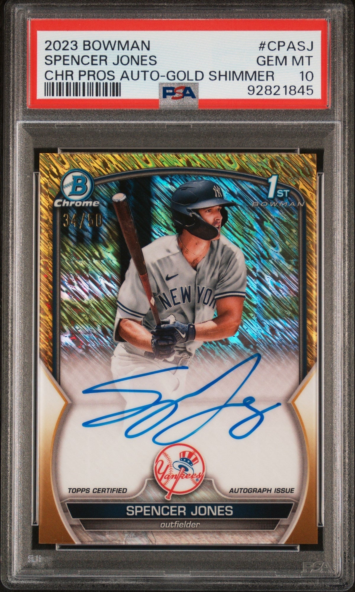 2023 Bowman Chrome Spencer Jones 1st Auto Gold Shimmer Refractor /50 PSA 10