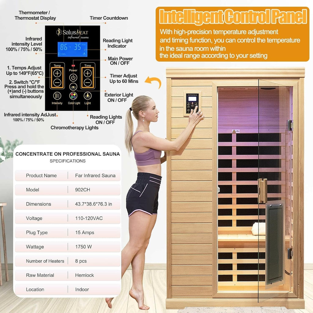 2-Person Low EMF Indoor Infrared Sauna, Canadian Hemlock, 9 Heaters, Bluetooth Speakers, LED Reading Lamp, 1750W