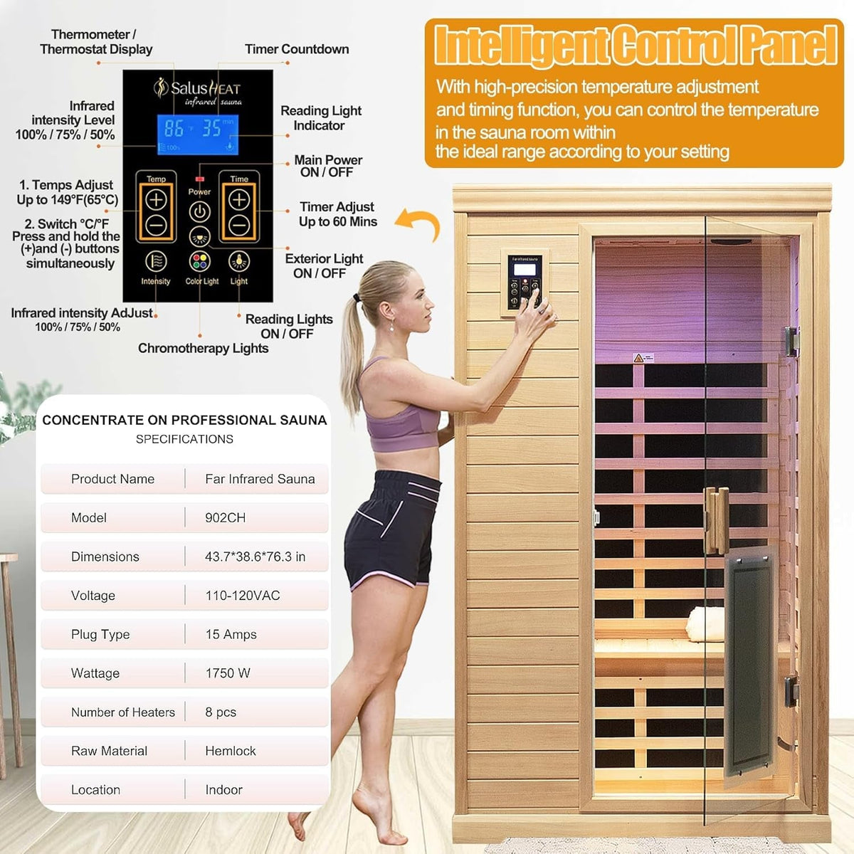 2-Person Low EMF Indoor Infrared Sauna, Canadian Hemlock, 9 Heaters, Bluetooth Speakers, LED Reading Lamp, 1750W