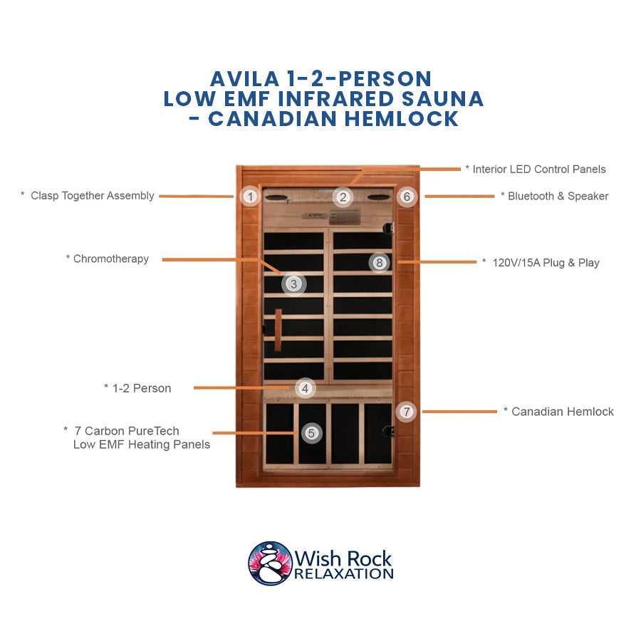 Avila 1-2-person Low EMF Infrared Sauna - Canadian Hemlock