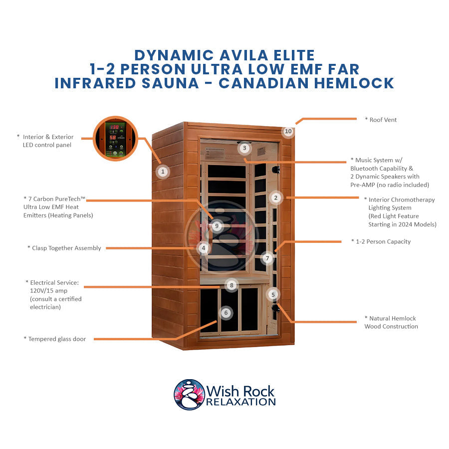 Dynamic Avila Elite 1-2 Person Ultra Low EMF FAR Infrared Sauna - Canadian Hemlock