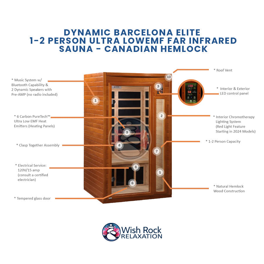 Dynamic Barcelona Elite 1-2 Person Ultra Low EMF FAR Infrared Sauna - Canadian Hemlock