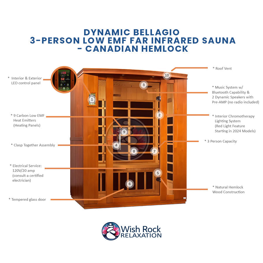 Dynamic Bellagio 3-Person Low EMF FAR Infrared Sauna - Canadian Hemlock