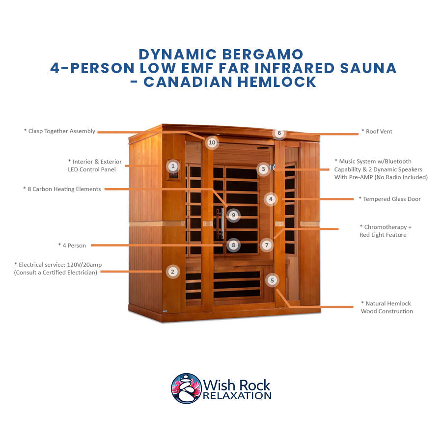Dynamic Bergamo 4-Person Low EMF FAR Infrared Sauna - Canadian Hemlock