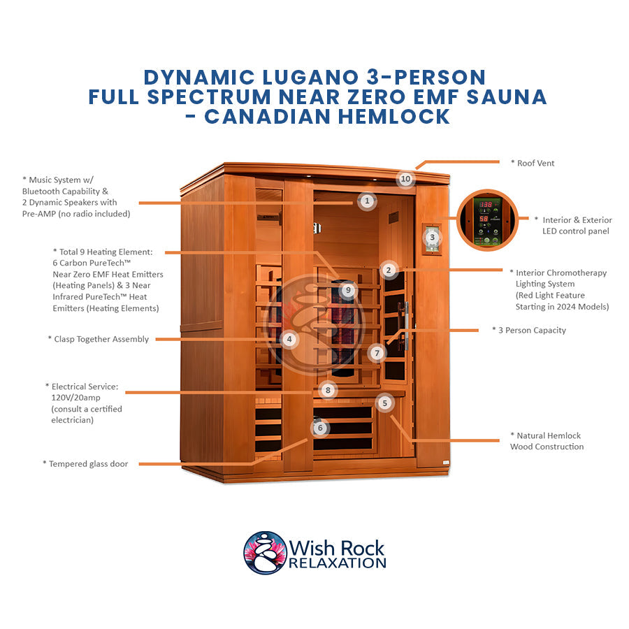Dynamic Lugano 3-Person Full Spectrum Near Zero EMF Sauna - Canadian Hemlock