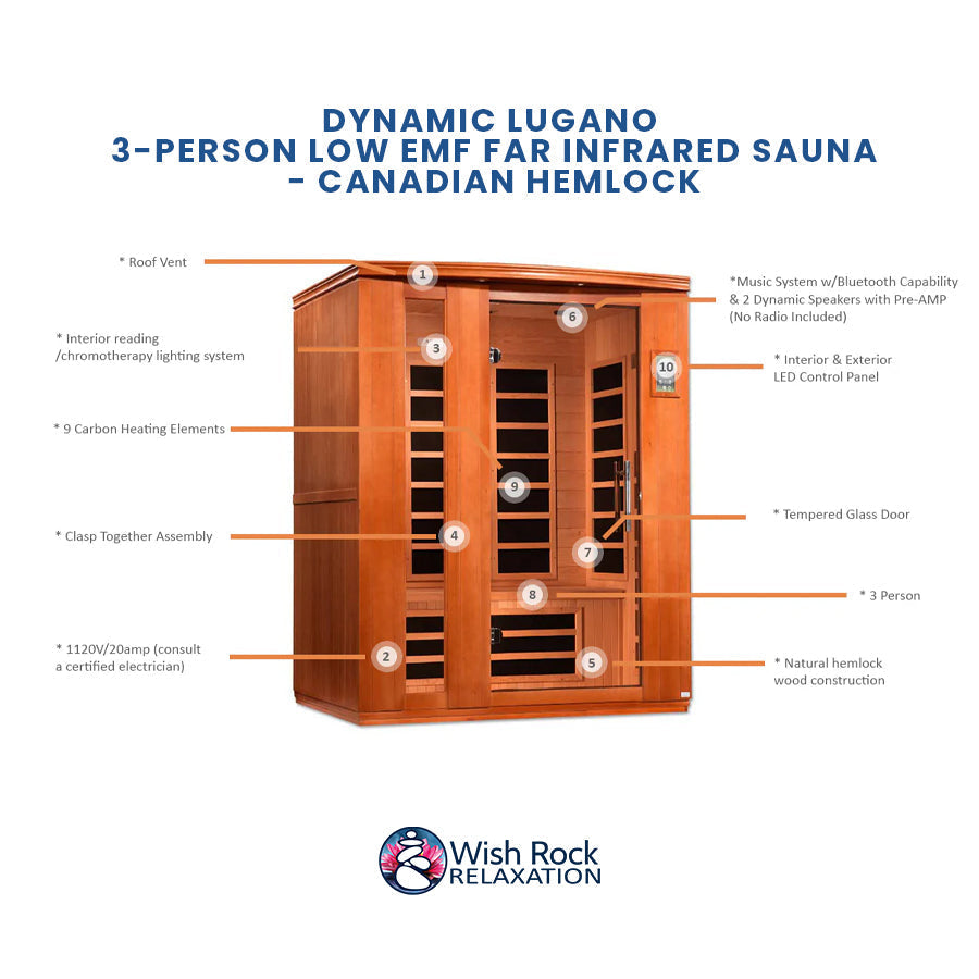 Dynamic Lugano 3-person Low EMF FAR Infrared Sauna - Canadian Hemlock