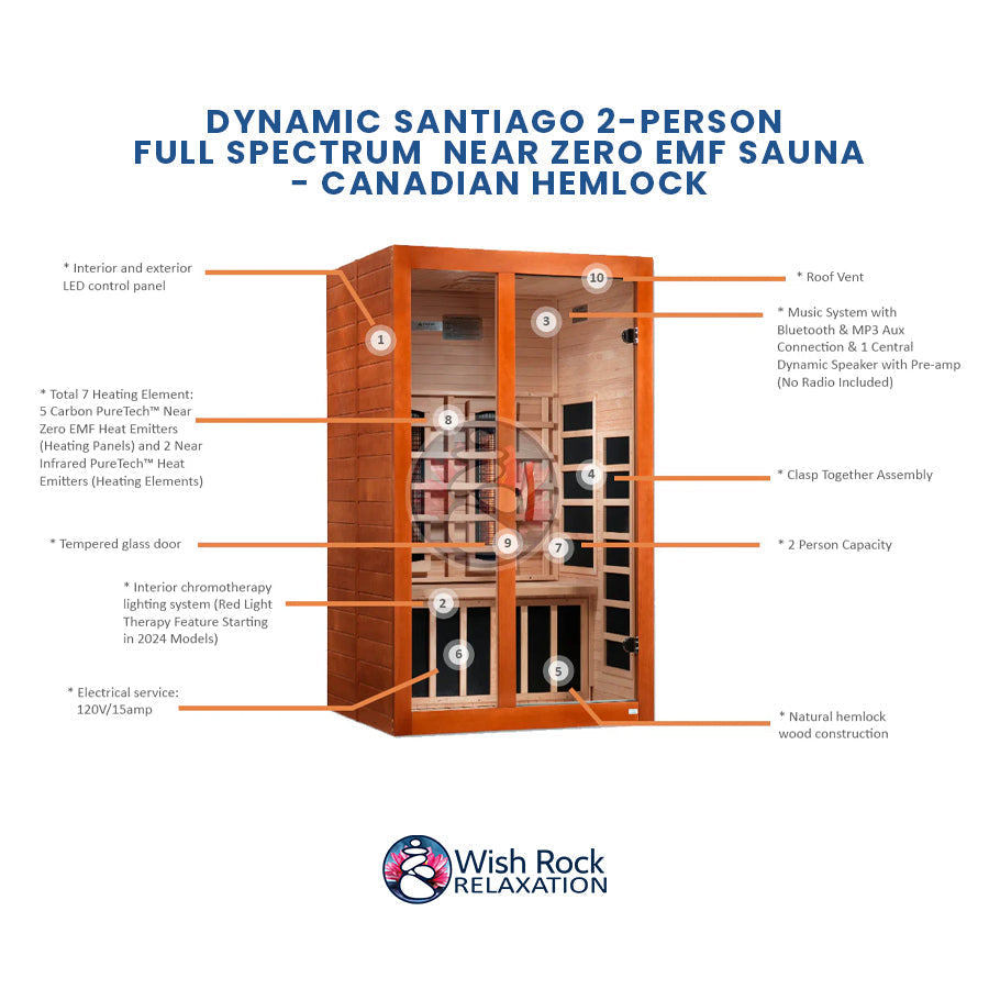 Dynamic Santiago 2-Person Full Spectrum  Near Zero EMF Sauna - Canadian Hemlock