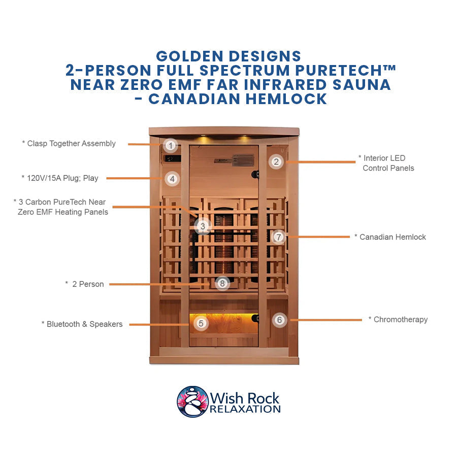 Golden Designs 2-Person Full Spectrum PureTech™ Near Zero EMF FAR Infrared Sauna - Canadian Hemlock