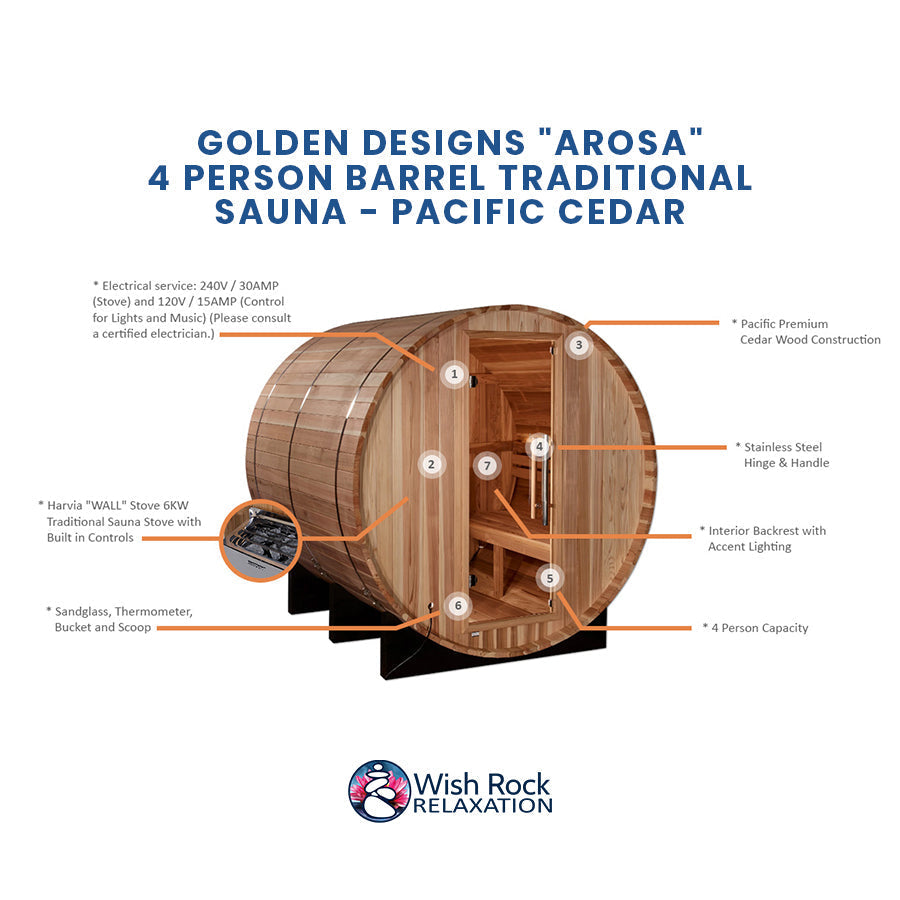 Golden Designs "Arosa" 4 Person Barrel Traditional Sauna -  Pacific Cedar