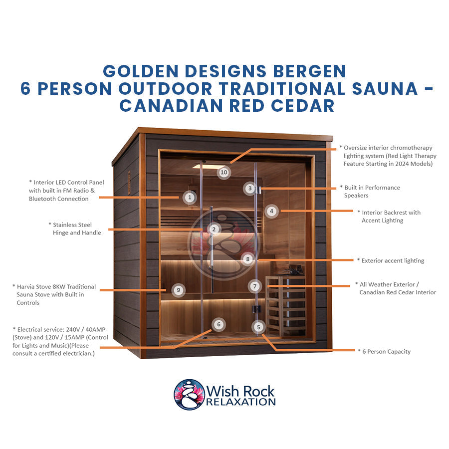 Golden Designs Bergen 6 Person Outdoor Traditional Sauna - Canadian Red Cedar
