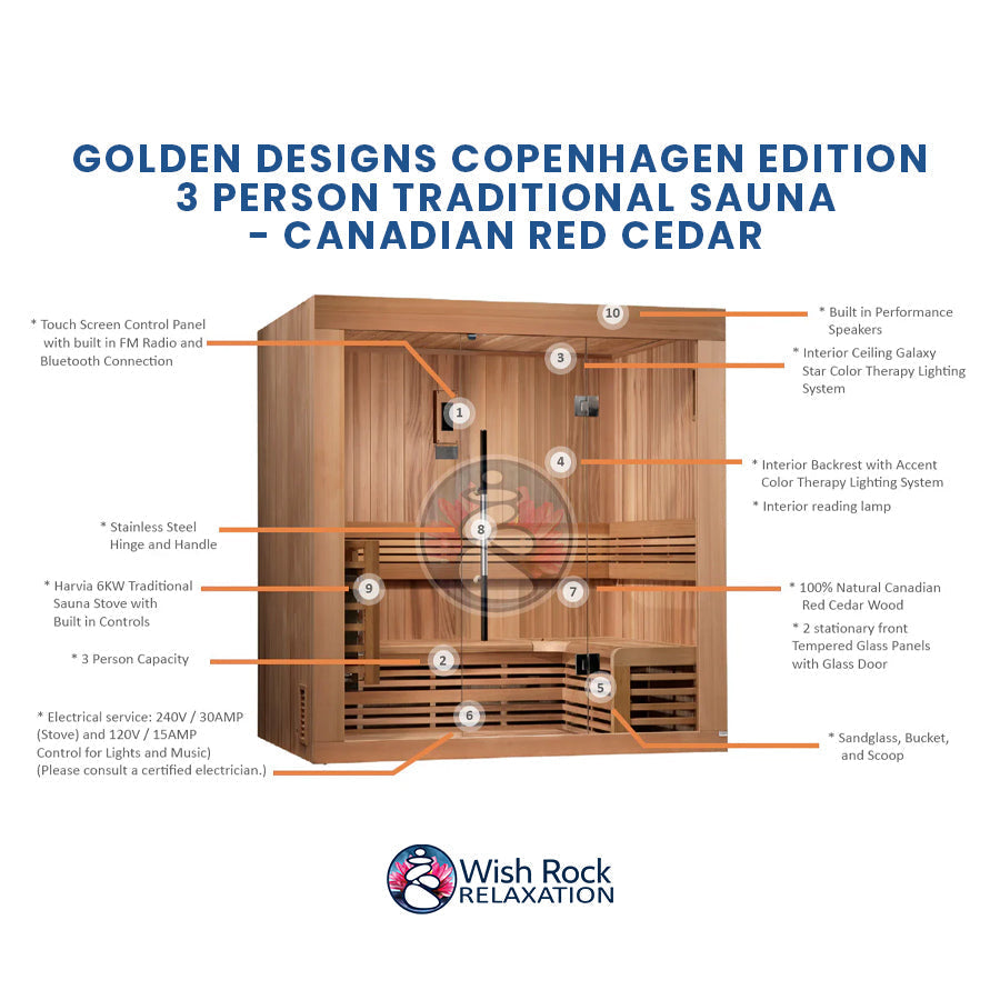 Golden Designs Copenhagen Edition 3 Person Traditional Sauna - Canadian Red Cedar