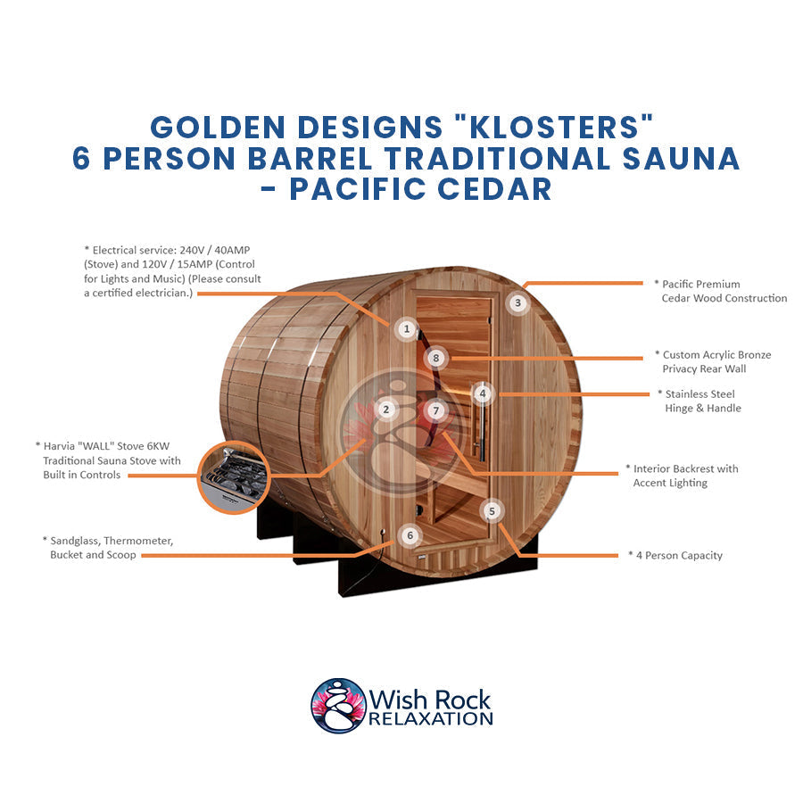 Golden Designs "Klosters" 6 Person Barrel Traditional Sauna -  Pacific Cedar