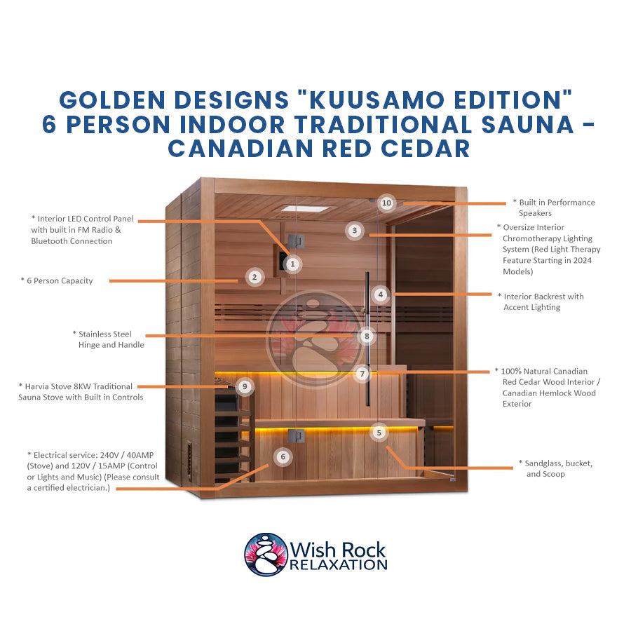 Golden Designs "Kuusamo Edition" 6 Person Indoor Traditional Sauna - Canadian Red Cedar