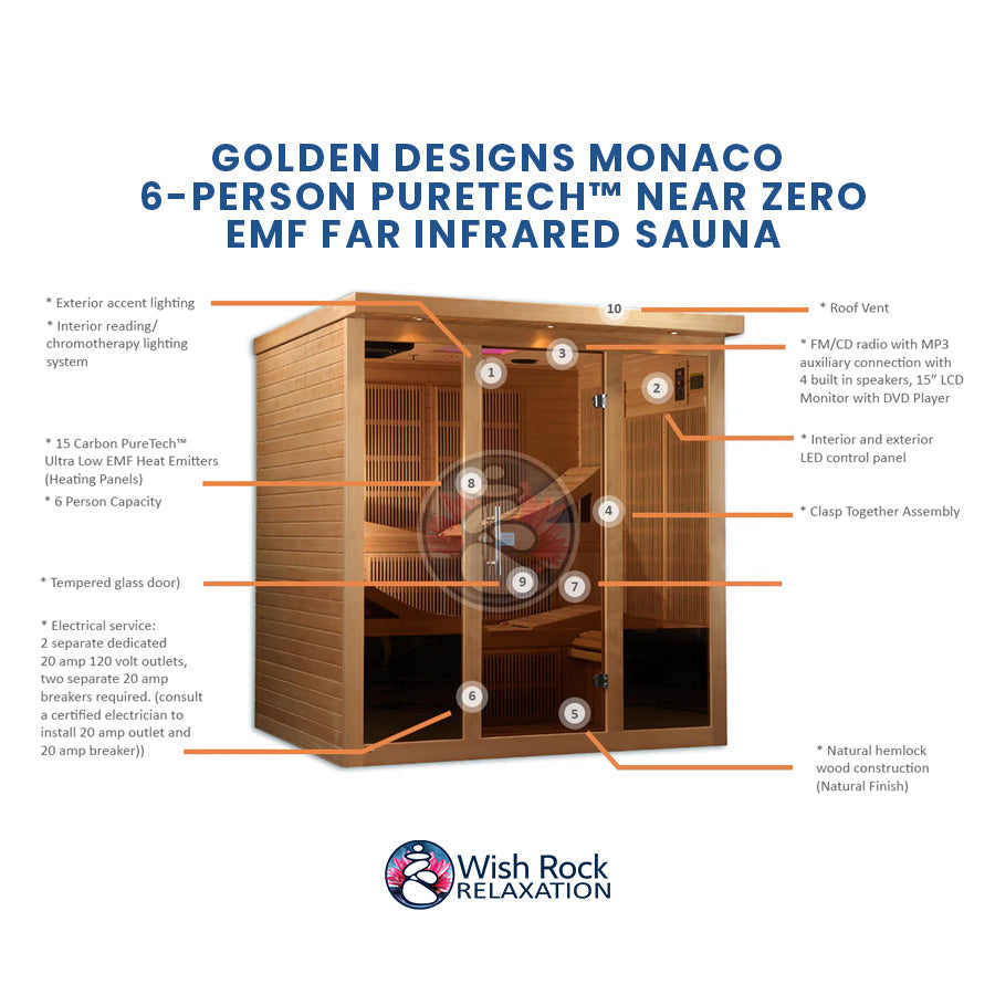 Golden Designs Monaco 6-person PureTech™ Near Zero EMF FAR Infrared Sauna