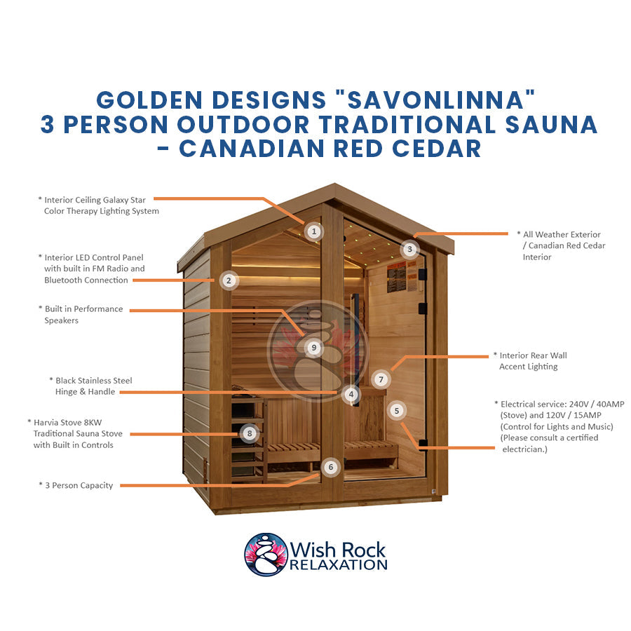 Golden Designs "Savonlinna" 3 Person Outdoor Traditional Sauna - Canadian Red Cedar