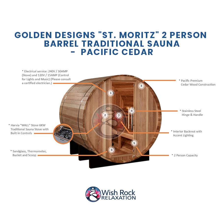 Golden Designs "St. Moritz" 2 Person Barrel Traditional Sauna -  Pacific Cedar