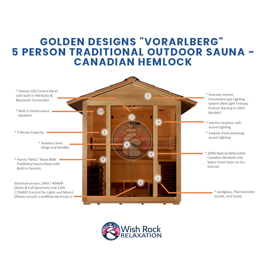 Golden Designs "Vorarlberg" 5 Person Traditional Outdoor Sauna -  Canadian Hemlock