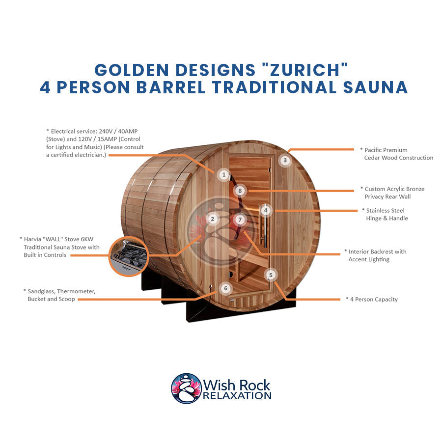 Golden Designs "Zurich" 4 Person Barrel Traditional Sauna