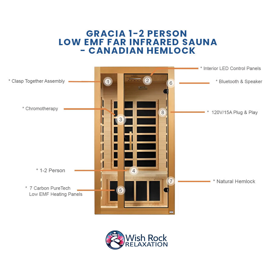 Gracia 1-2 Person Low EMF FAR Infrared Sauna - Canadian Hemlock