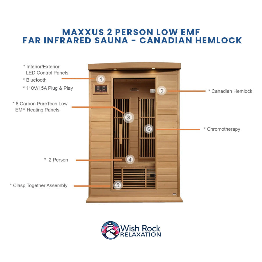 Maxxus 2 Person Low EMF FAR Infrared Sauna - Canadian Hemlock