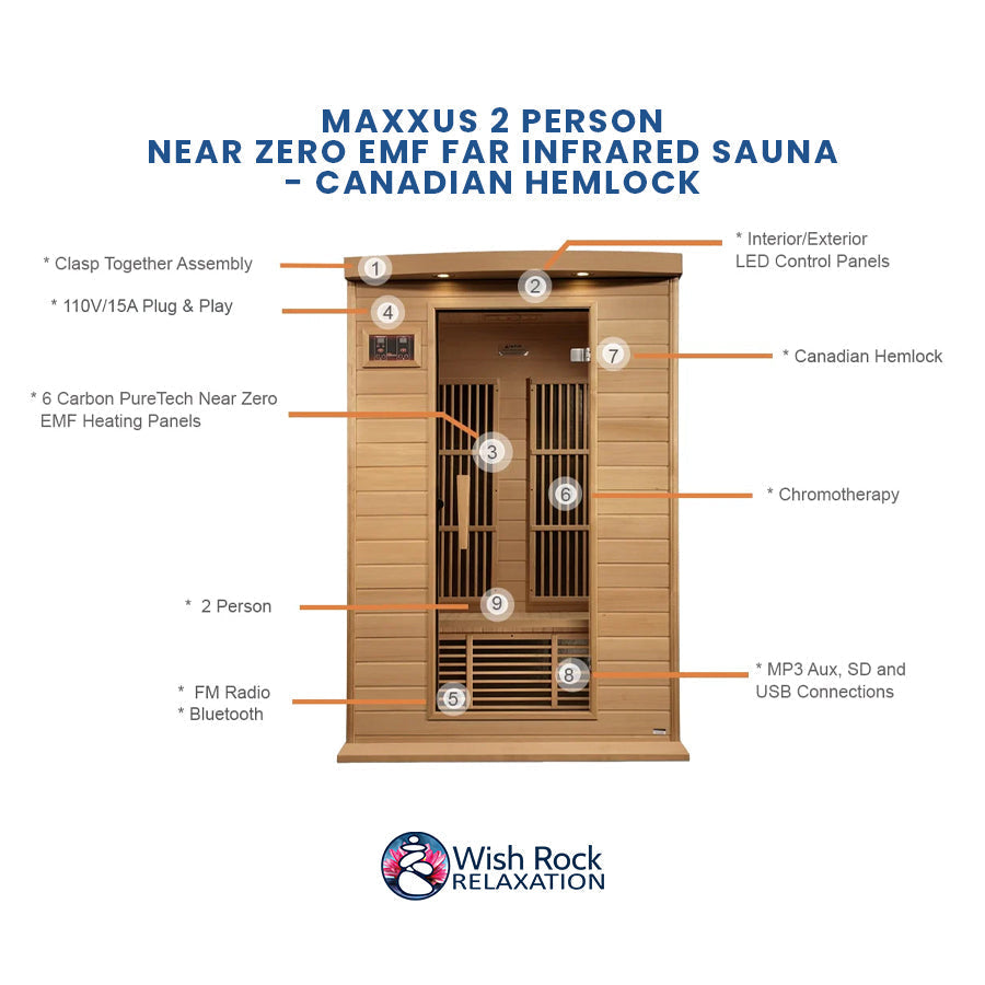 Maxxus 2 Person Near Zero EMF FAR Infrared Sauna - Canadian Hemlock
