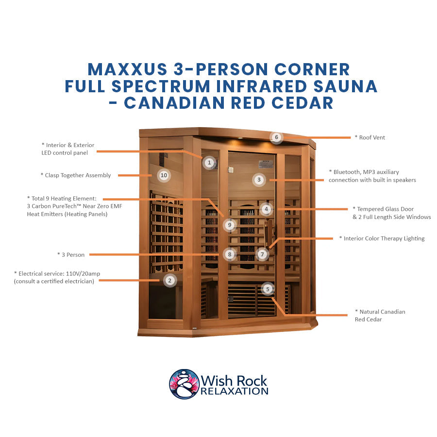 Maxxus 3-Person Corner Full Spectrum Infrared Sauna - Canadian Red Cedar