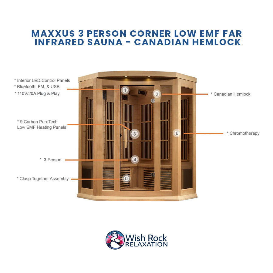 Maxxus 3 Person Corner Low EMF FAR Infrared Sauna - Canadian Hemlock