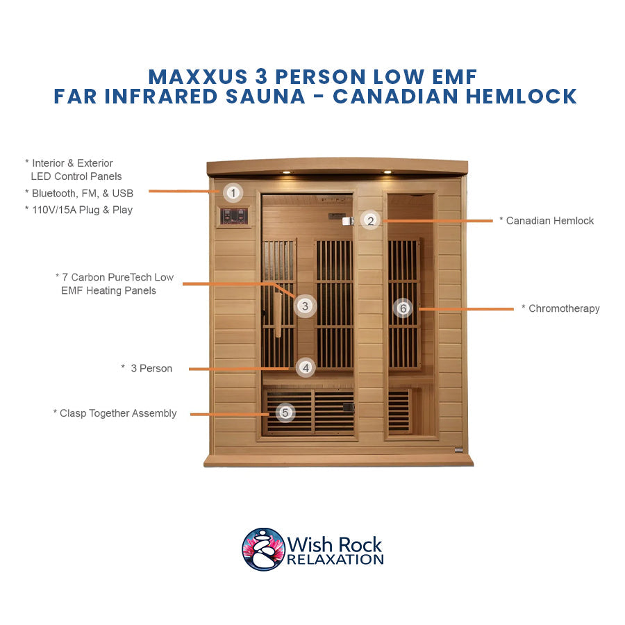 Maxxus 3 Person Low EMF FAR Infrared Sauna - Canadian Hemlock