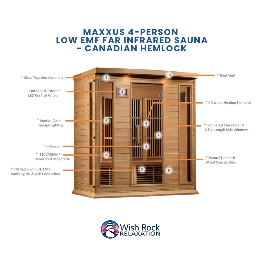 Maxxus 4-Person Low EMF FAR Infrared Sauna - Canadian Hemlock