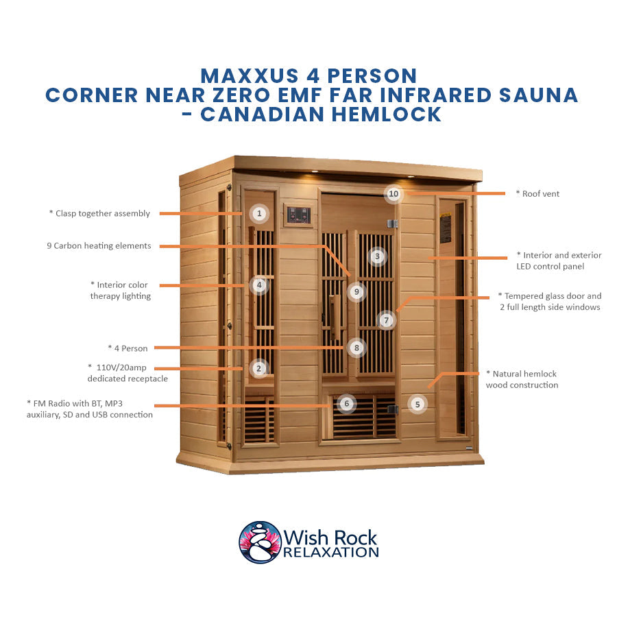 Maxxus 4 Person Corner Near Zero EMF FAR Infrared Sauna - Canadian Hemlock