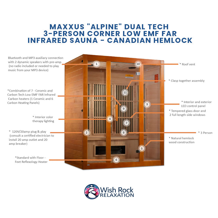 Maxxus "Alpine" Dual Tech 3-Person Corner Low EMF FAR Infrared Sauna - Canadian Hemlock