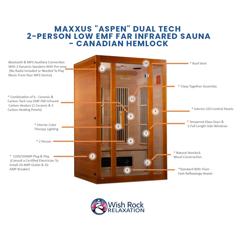Maxxus "Aspen" Dual Tech 2-Person Low EMF FAR Infrared Sauna - Canadian Hemlock