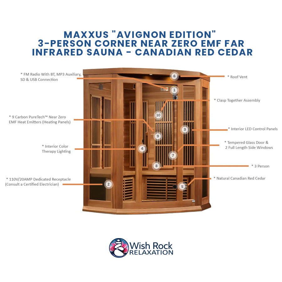 Maxxus "Avignon Edition" 3-Person Corner Near Zero EMF FAR Infrared Sauna - Canadian Red Cedar