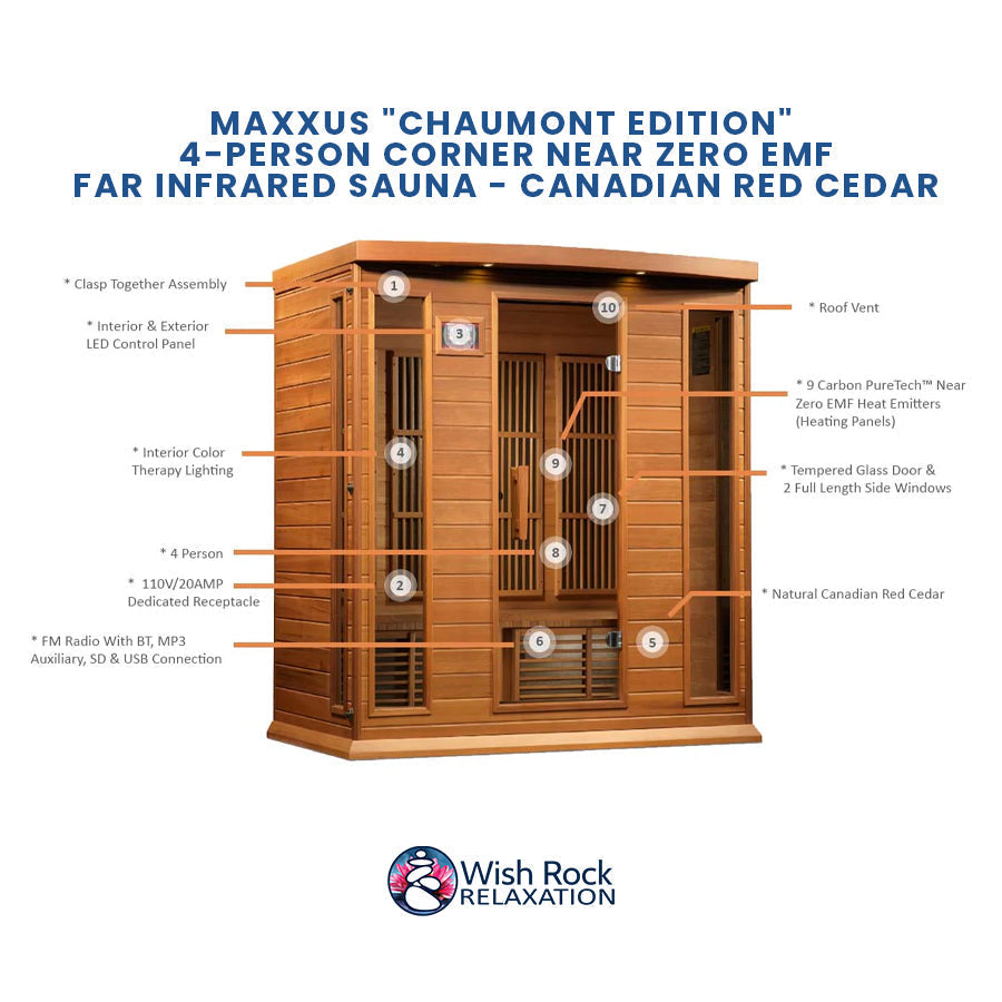 Maxxus "Chaumont Edition" 4-Person Corner Near Zero EMF FAR Infrared Sauna - Canadian Red Cedar