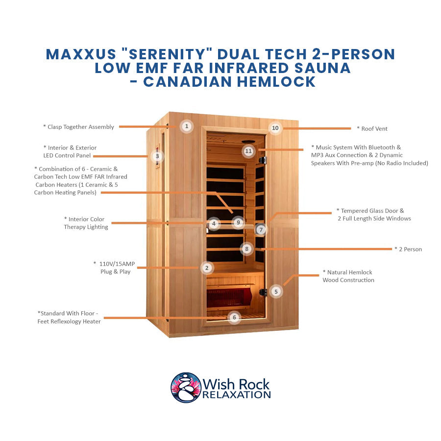Maxxus "Serenity" Dual Tech 2-Person Low EMF FAR Infrared Sauna - Canadian Hemlock