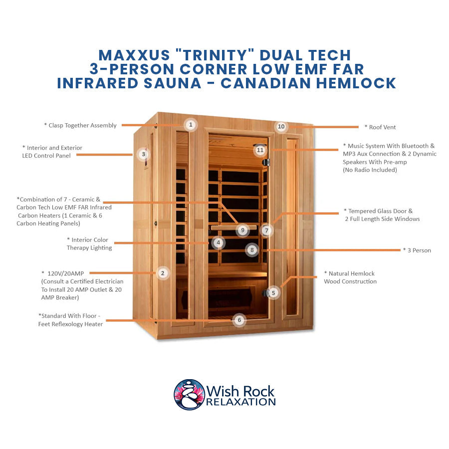 Maxxus "Trinity" Dual Tech 3-Person Corner Low EMF FAR Infrared Sauna - Canadian Hemlock