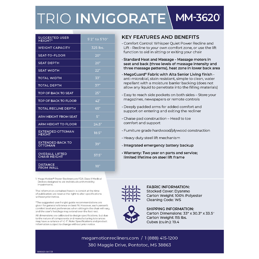 Mega Motion MM-3620 Trio Invigorate 3 Position Lift Chair