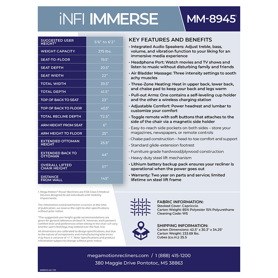 Mega Motion MM-8945 iNFI IMMERSE Infinite Position Lift Chair