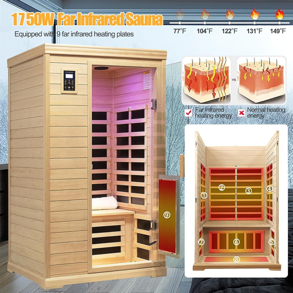 2-Person Low EMF Indoor Infrared Sauna, Canadian Hemlock, 9 Heaters, Bluetooth Speakers, LED Reading Lamp, 1750W