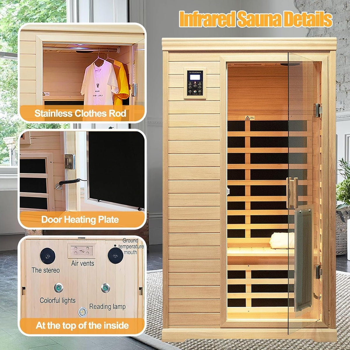 2-Person Low EMF Indoor Infrared Sauna, Canadian Hemlock, 9 Heaters, Bluetooth Speakers, LED Reading Lamp, 1750W