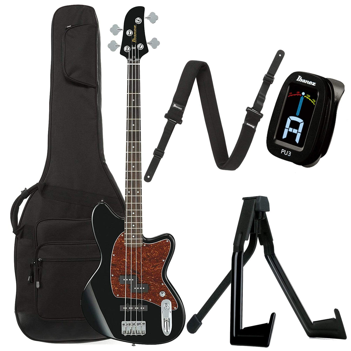 Ibanez TMB100 Talman Bass Black Bundle w/ Ibanez Gig Bag, Stand, Tuner and Strap