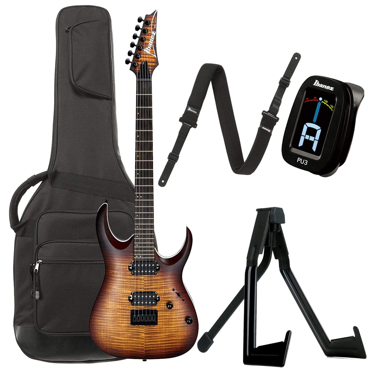 Ibanez RGA42FM Dragon Eye Burst Flat Bundle w/ Ibanez Gig Bag, Stand, Tuner and Strap